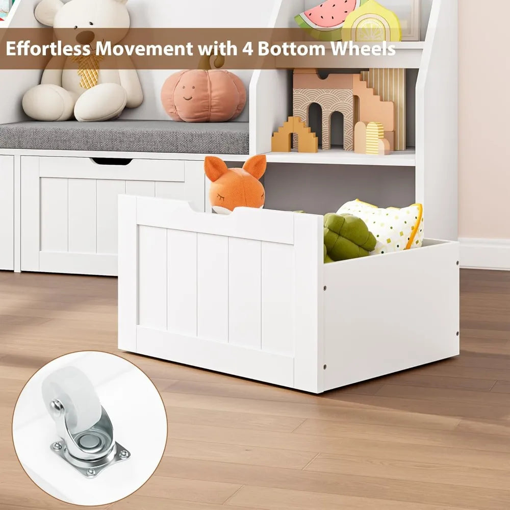 White Kids Bookshelf/ Soft Cushion Seat-Reading Nook/ Toy Storage Organizer / 3 Movable Drawers