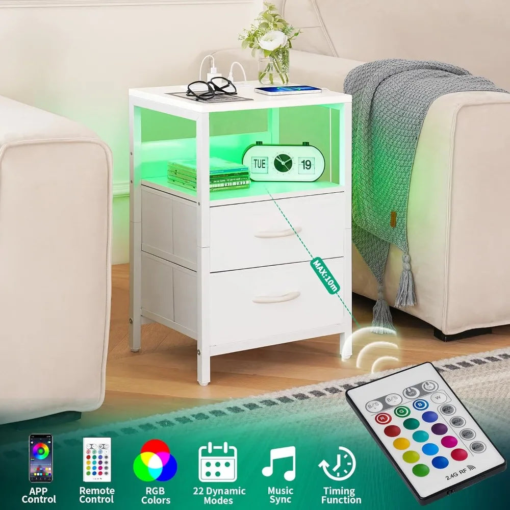MATE BIRDS White Small Open Shelf LED Lighted Charging Station Two Fabric Drawers Side Nightstands/ 2 USB Ports/2 AC Outlets/Dimension: 15.7"L × 11.8"W × 23.6"H/Holds Up To 100lbs