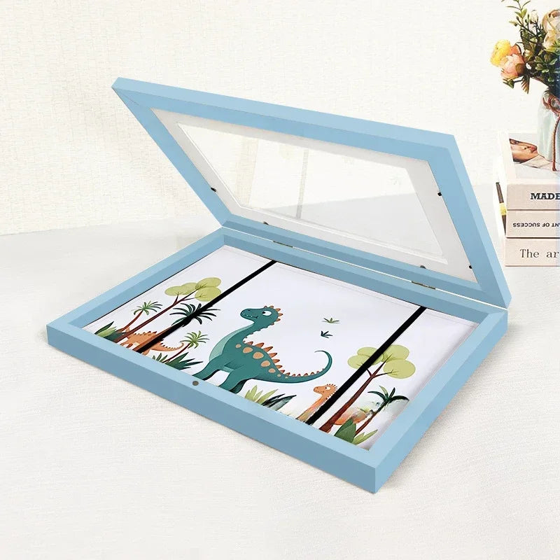 Kids Rectangle Wood Trim Acrylic Cover Artwork Display Magnetic Closure Picture Frames/Elastic Band/Colors-White/Black/Brown/Green/Pink