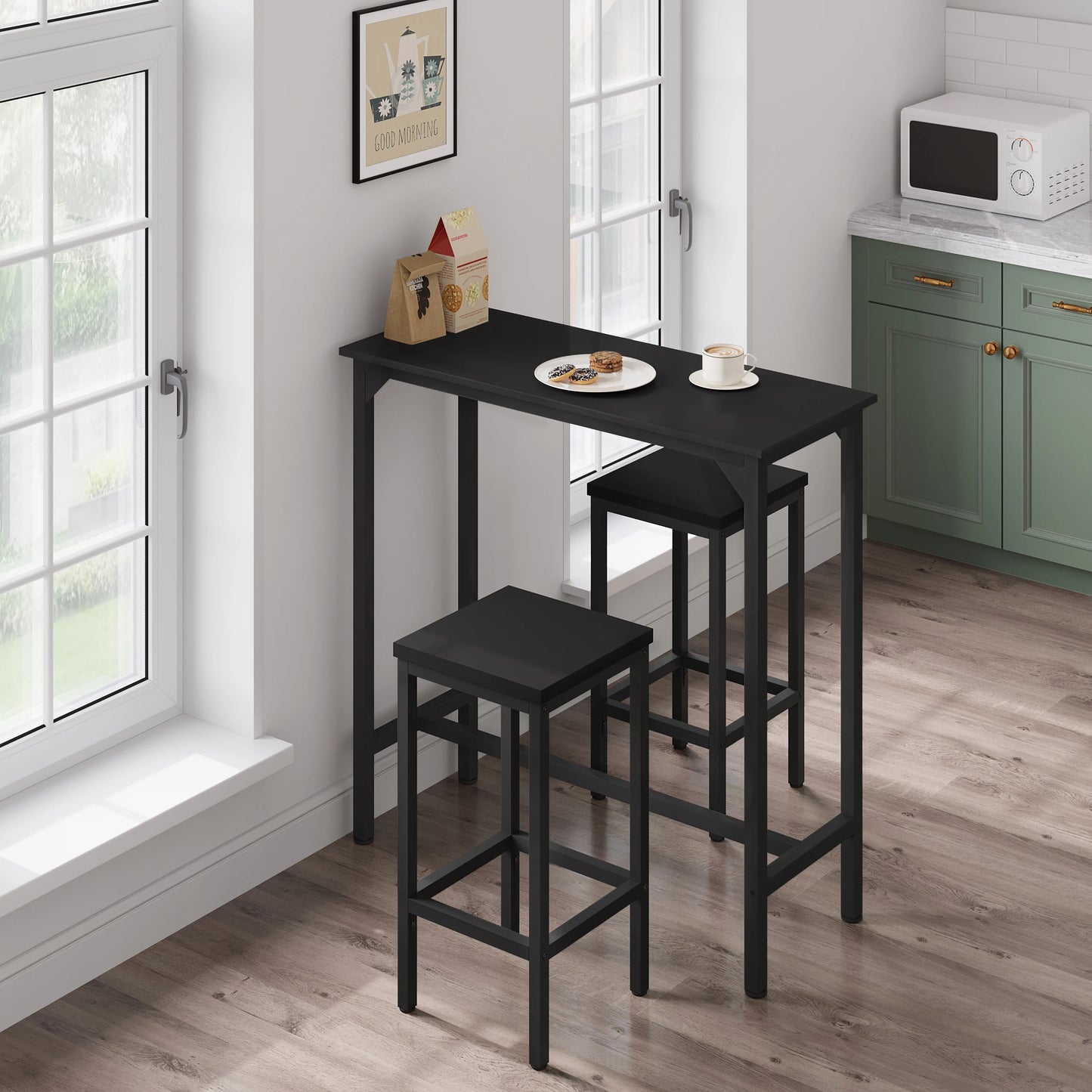 Wood Top Rectangle Narrow High Console Metal Framed Reinforced Bars Cocktail Table/Colors-Black/White