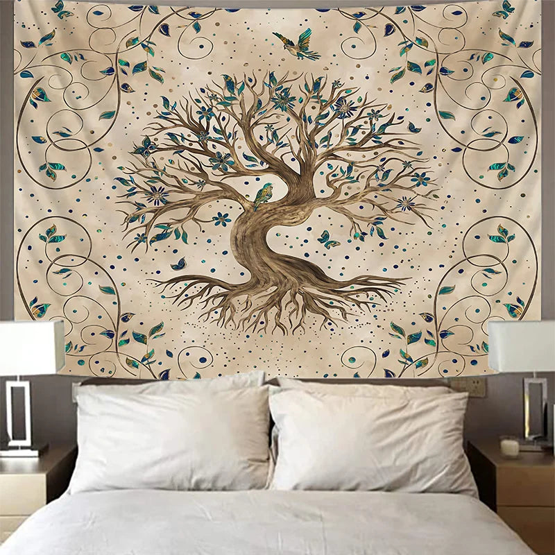 Black Background Polyester Nature Mysterious Garden Of Eden Green Tree of Life Forest-Sun-Beige Moon Spiritual Wall Hanging Tapestries/Colors-Green/Black/Beige