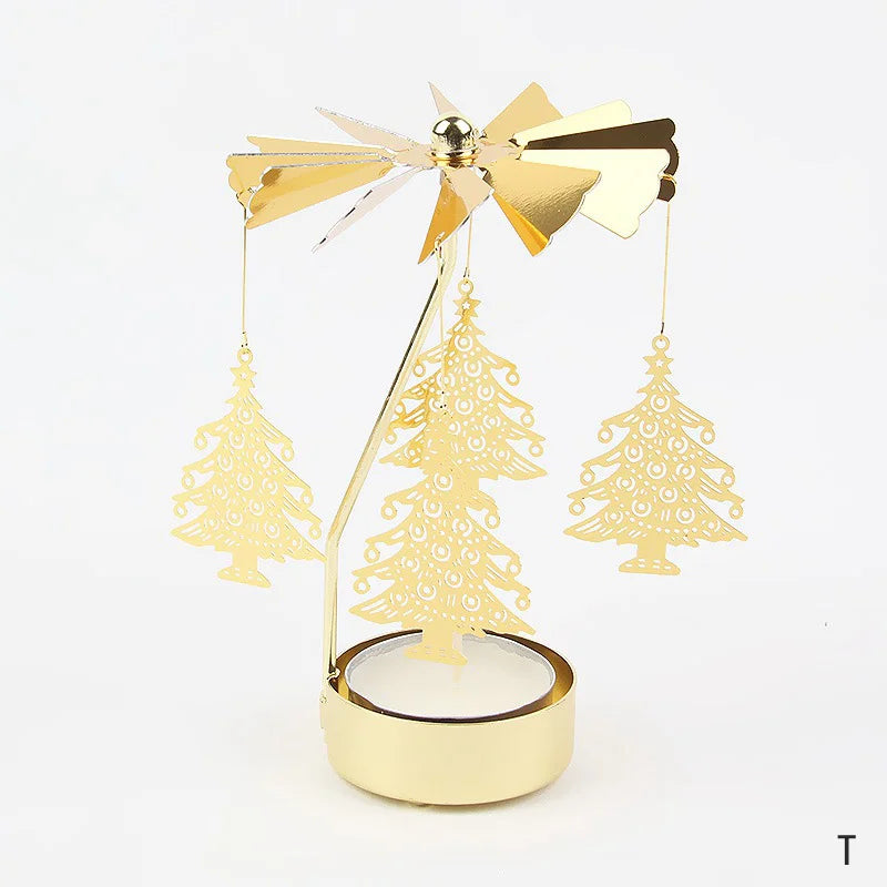 Gold Stainless Steel Metal Rotating Carousel Deer-Snowflake Small Tealight Candleholders