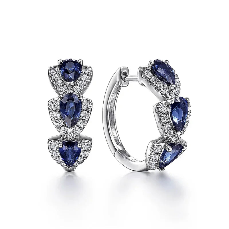 Huitan Women Elegant Geometric Brass Cubic Zirconia Copper Round Hoop Earrings /Colors-Blue/Green