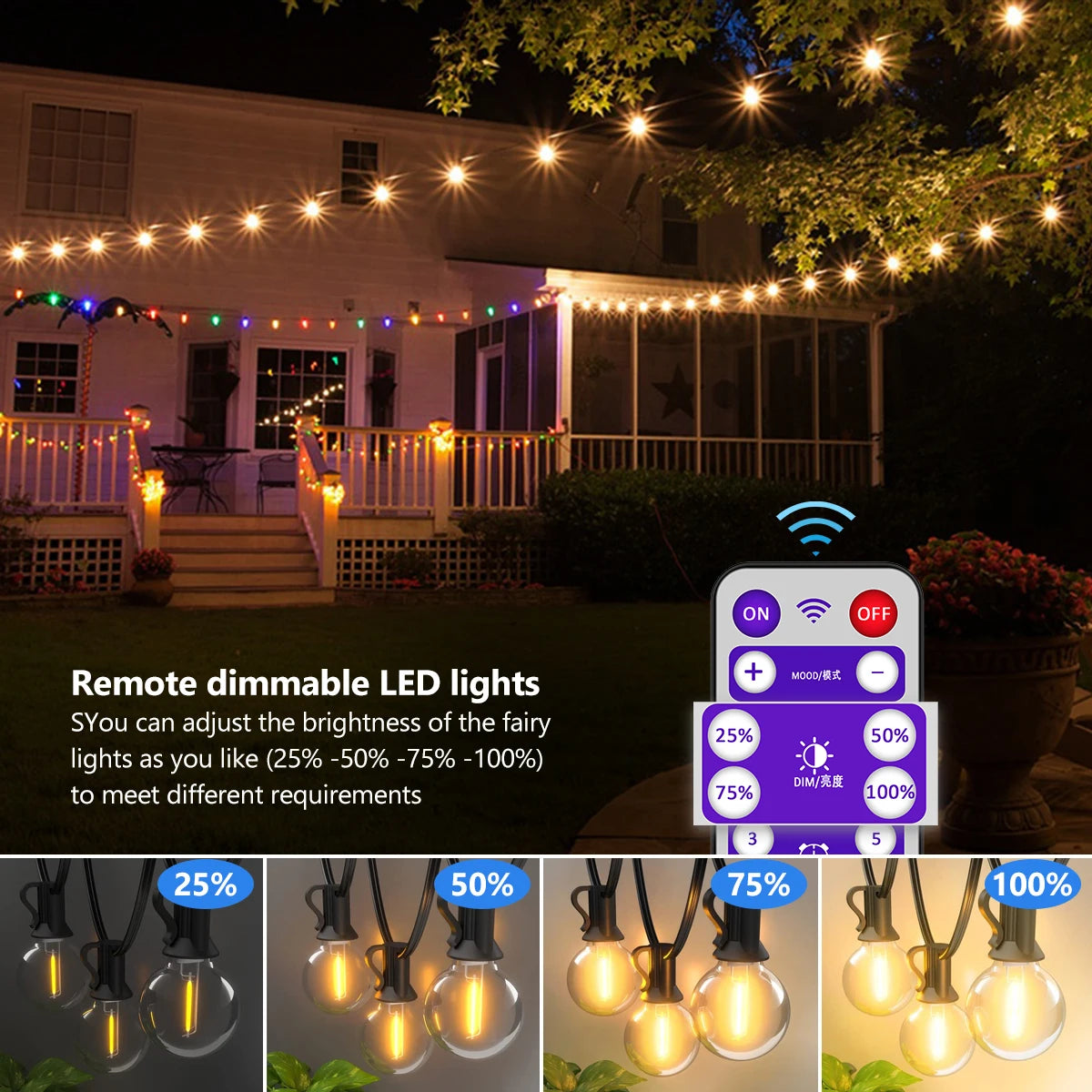 Indoor-Outdoor G40 Waterproof-Shatterproof Globe 8 Light Modes Solar String LED Warm Lights/ Colors-Black Yellow/ White/Multicolor