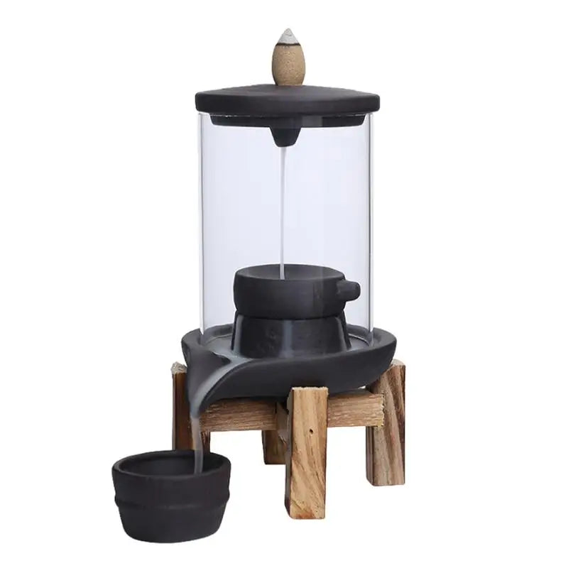 Round Enclosed Glass Case Ceramic Resin Desktop Wood 4 Leg Base Backflow Incense Cone On Top Burners/Colors-Black/Gray
