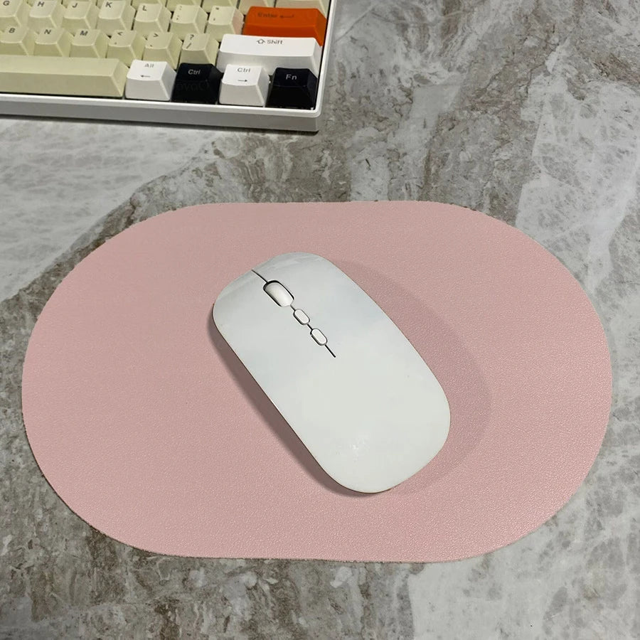 Small Waterproof Soft PU Leather Oblong Oval Shape Solid Color One-Sided Gaming Mouse Pads/Colors-Pink/Black/White/Blue/Brown/Navy Blue/Green