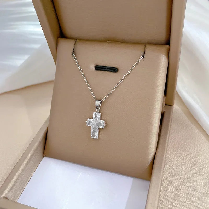No-EN-Name-Null Women Fine Imitation Stainless Steel Metal Gold-Plated Clear White Shiny Crystal Cubic Zirconia Diamond Accents Stones Hollow Out Cross Pendant Necklaces/Colors-Gold/Silver/Clear/White/Pink/Green