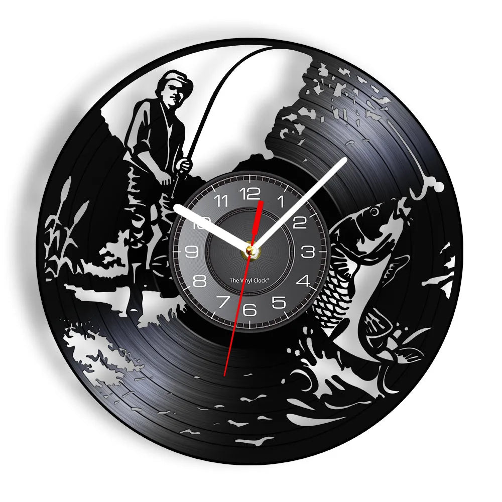 Retro Handmade Plastic Vinyl Record Gone Fishing Silhouette Of Fisherman Catching A Fish With Rod-N-Reel Wall Clocks/Battery Not Included/ 1 AA Battery Size/With-Without LED Light/Colors-Black/Geometric