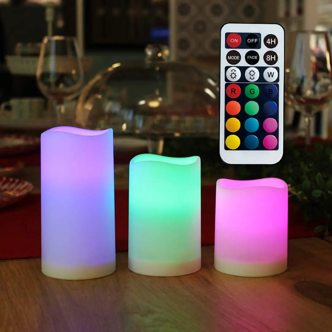 3 PCS Set WRALWAYSLX Plastic Round Flameless LED Adjustable Brightness Flickering Candles/ Remote Control/3-AAA Batteries(Not Included)/Colors-Multicolor/White