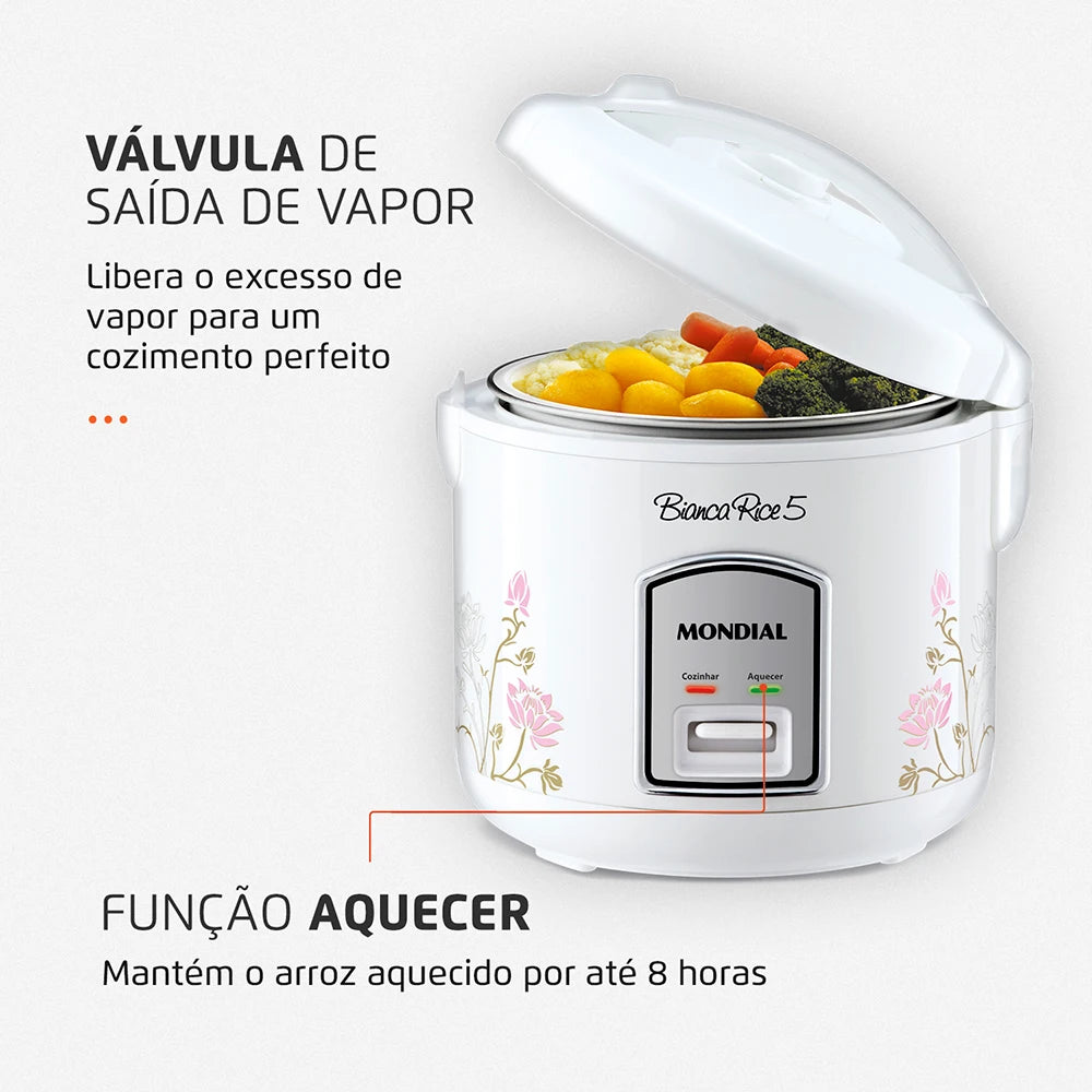 Mondial Bianca Kitchen White Floral Non-Stick Electric Rice Cookers/Up To 5 Cup Capacity Of Rice/Accessories Included: 1 Spoon-1 Measuring Cup-1 Steam Collector-1 Manuel-Recipes