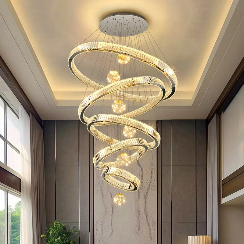 Modern Stainless Steel LED Warm Cool Twisted Ring Cord Pendant Hanging Crystal Chandelier Ceiling Lights/Dimming Remote Control/Touch On-Off/Colors-Gold/Silver