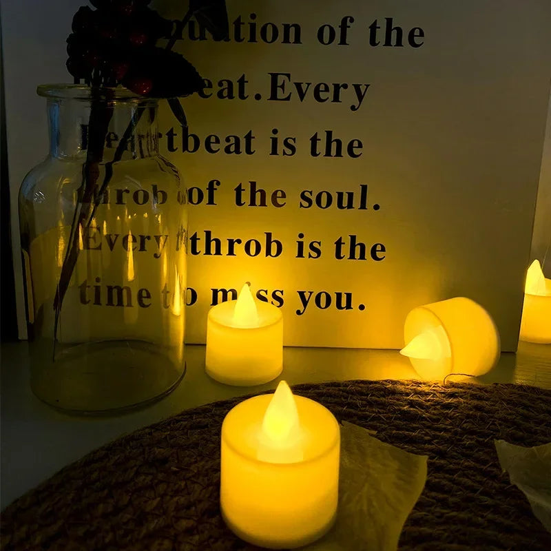 White 12-24-48 PCS Set Small Tealight Plastic Round Flameless LED Electronic Glowing Pillar Candles/Battery Included