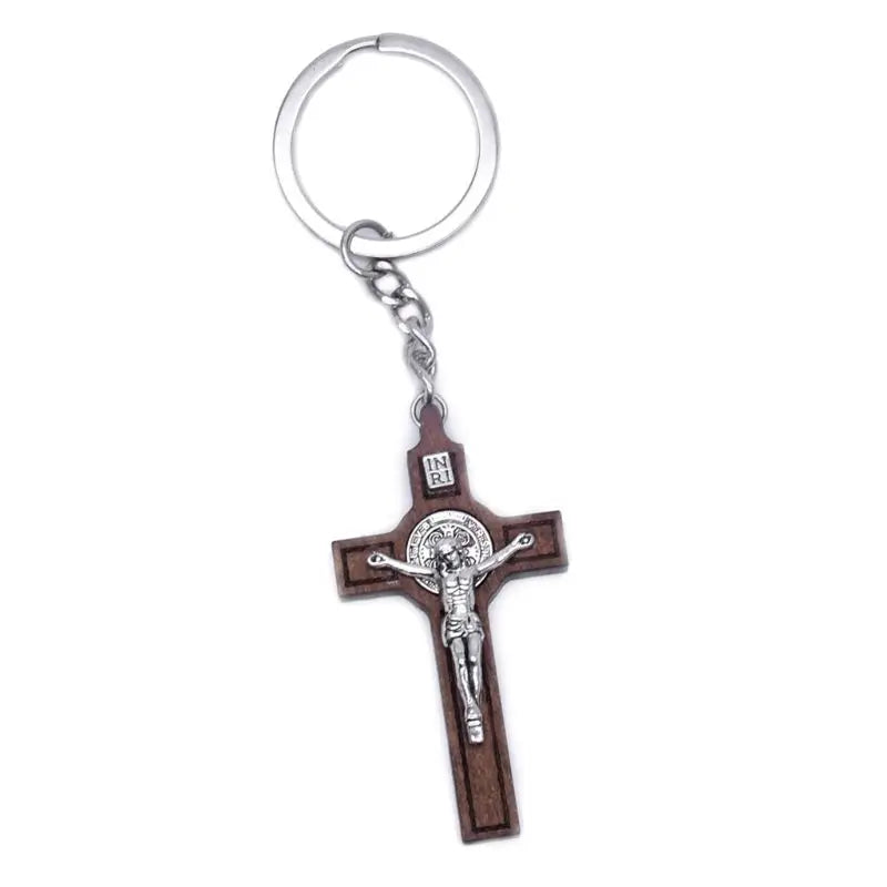 Unisex Brown Wooden Cross Of Jesus on Cross Metal Keychains