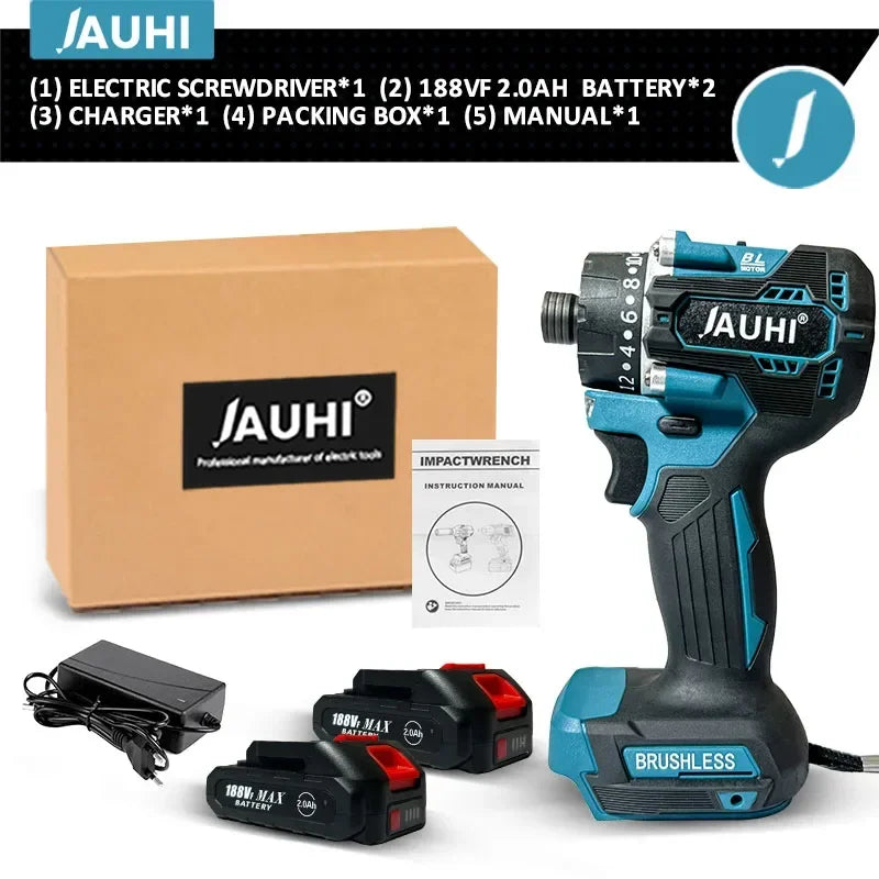 JAUHI Industrial Grade 388VF Red Button-Blue-Black Pistol Handle Brushless Electric Impact Wrench Rechargeable Lithium Battery-Powered Cordless Drill Power 18V Screwdrivers/Adapts To Makita 18V Lithium Battery/Colors-Black/Red/Gray/Blue