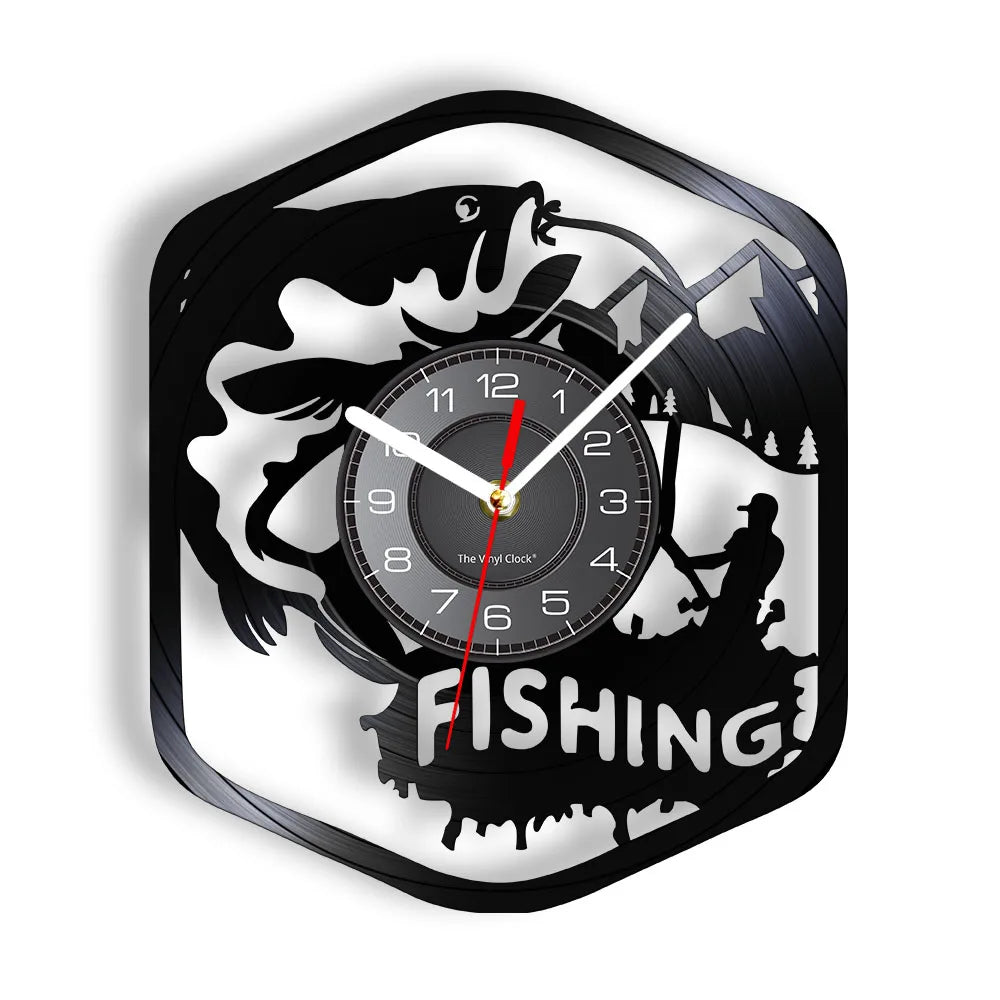 Retro Handmade Plastic Vinyl Record Gone Fishing Silhouette Of Fisherman Catching A Fish With Rod-N-Reel Wall Clocks/Battery Not Included/ 1 AA Battery Size/With-Without LED Light/Colors-Black/Geometric