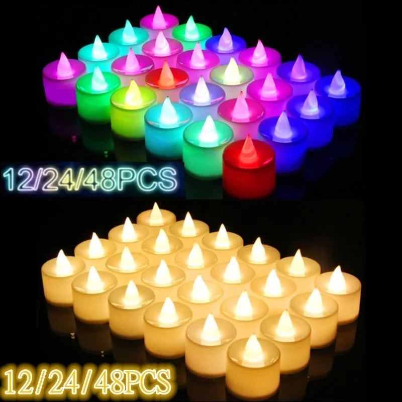 White 12-24-48 PCS Set Small Tealight Plastic Round Flameless LED Electronic Glowing Pillar Candles/Battery Included