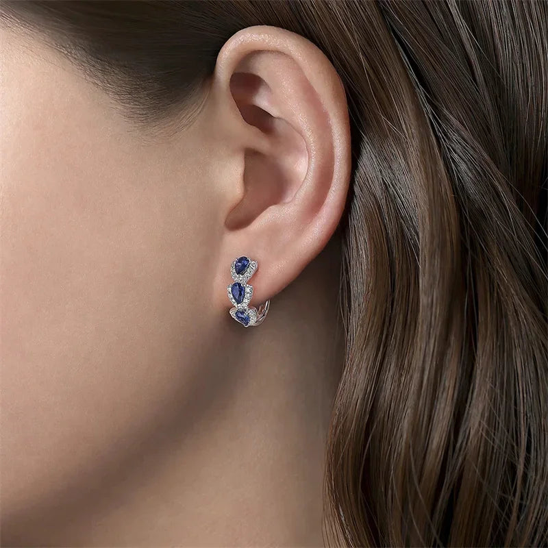 Huitan Women Elegant Geometric Brass Cubic Zirconia Copper Round Hoop Earrings /Colors-Blue/Green
