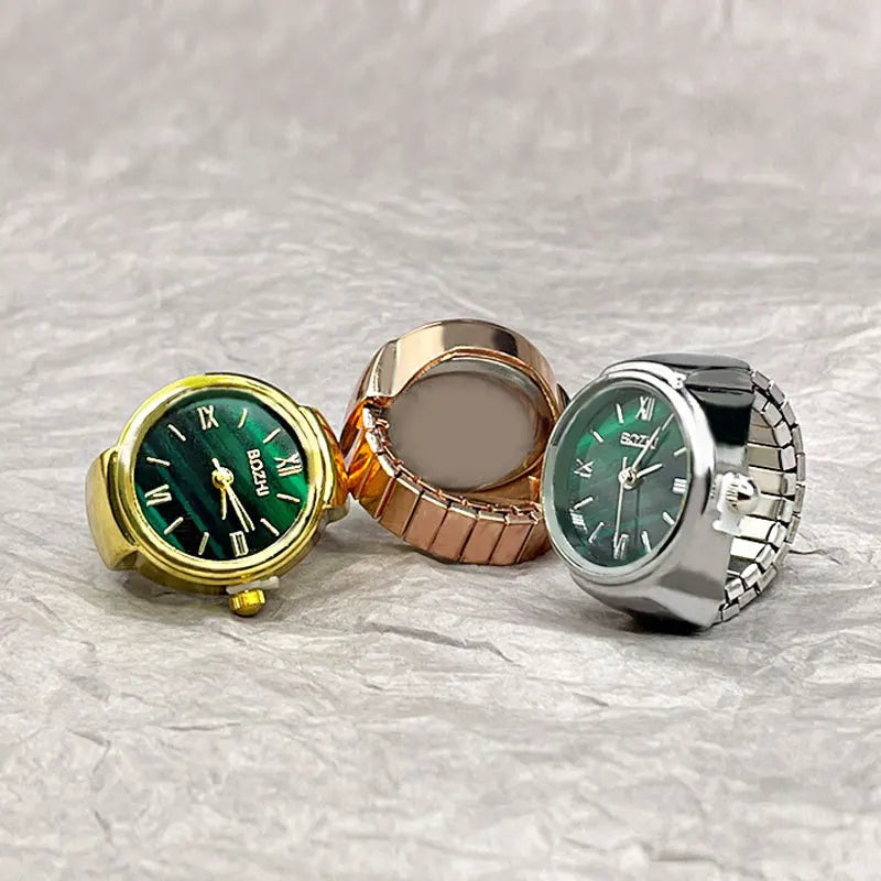 Unisex Metal Vintage Round Finger Watch Glass Mirror Quartz Elastic Band Charm Rings/Colors-Gold/Green/Silver