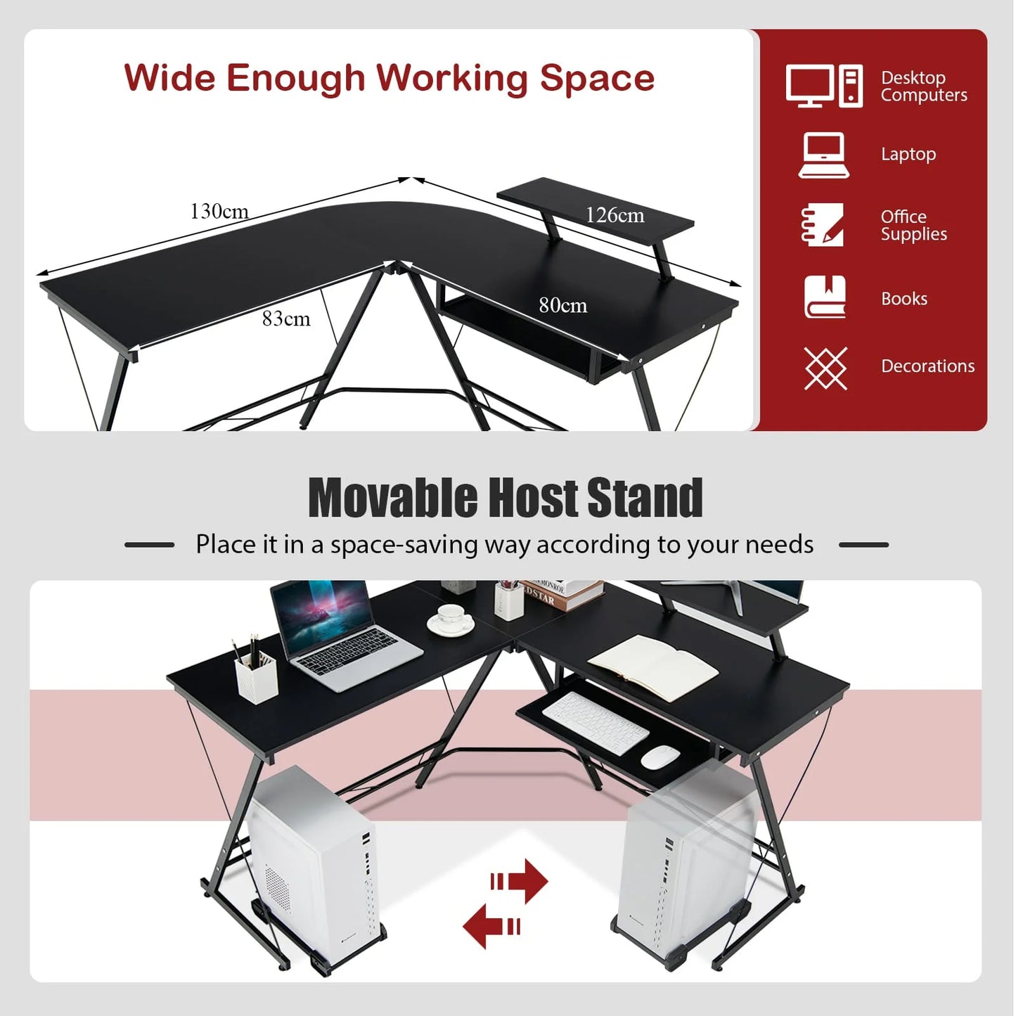 GOFLAME Black Colored L-Shaped Steel MDF Wood Computer Desks/ Movable Host Stand/Dimension of Desk: 130 x 126 x 94 cm (L x W x H)