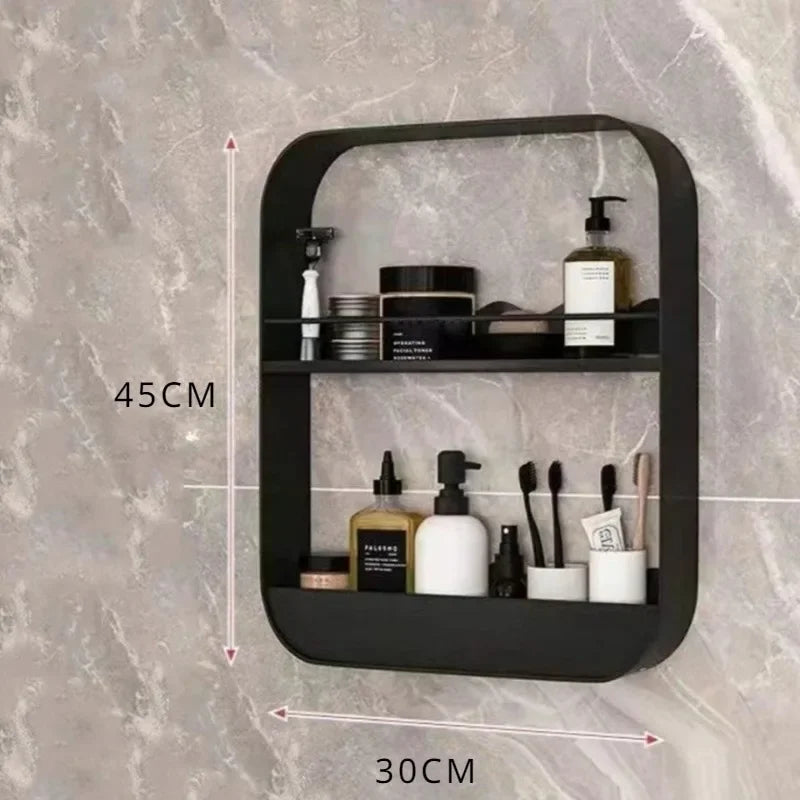 No-EN-Name-Null Modern White-Black Round Corners Vertical Rectangle Steel Metal Four Glass Shelves With Fence Bathroom Wall-Mounted Caddies/Ventilate-Drains