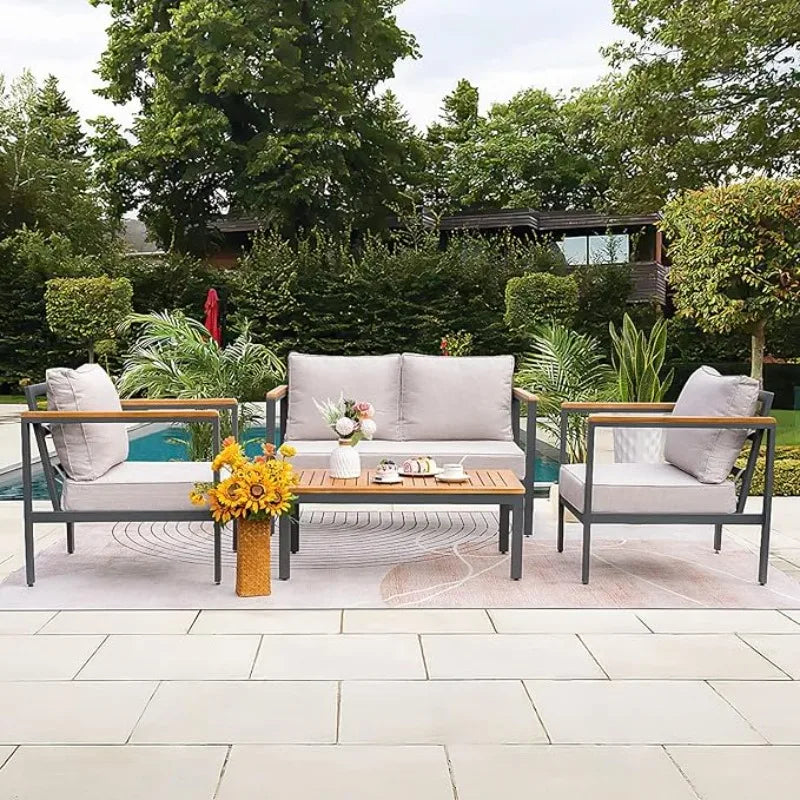 4 Piece Beige Patio Furniture Set w/Solid Wood Armrest/ Anti-Drop Table Top/Thick Waterproof Cushion/One Size