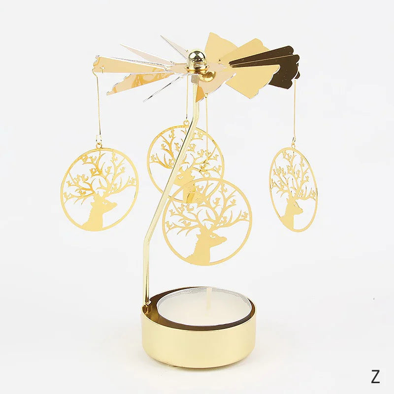 Gold Stainless Steel Metal Rotating Carousel Deer-Snowflake Small Tealight Candleholders