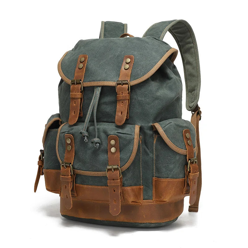 Unisex Military Hiking Interior Zipper Canvas Leather Polyester Over Flap-Belt Design Backpacks/Single Laptop Compartment/ Shoulder Strap/Handles/Interior Pockets-External Pockets/Colors-Green/Gray/Brown/Black/Animal