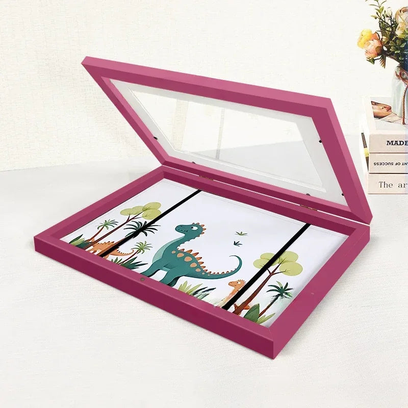 Kids Rectangle Wood Trim Acrylic Cover Artwork Display Magnetic Closure Picture Frames/Elastic Band/Colors-White/Black/Brown/Green/Pink