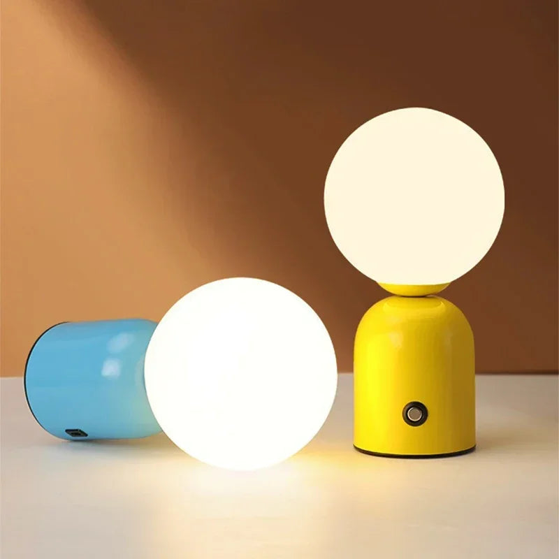 Nordic Iron Shadeless Tri-Color LED Touch Switch Round White Rechargeable Li-Ion Battery Touch Switch Stepless Dimming Table Lamps /Type C Port USB Charging/Colors-Red/Pink/Yellow/Black