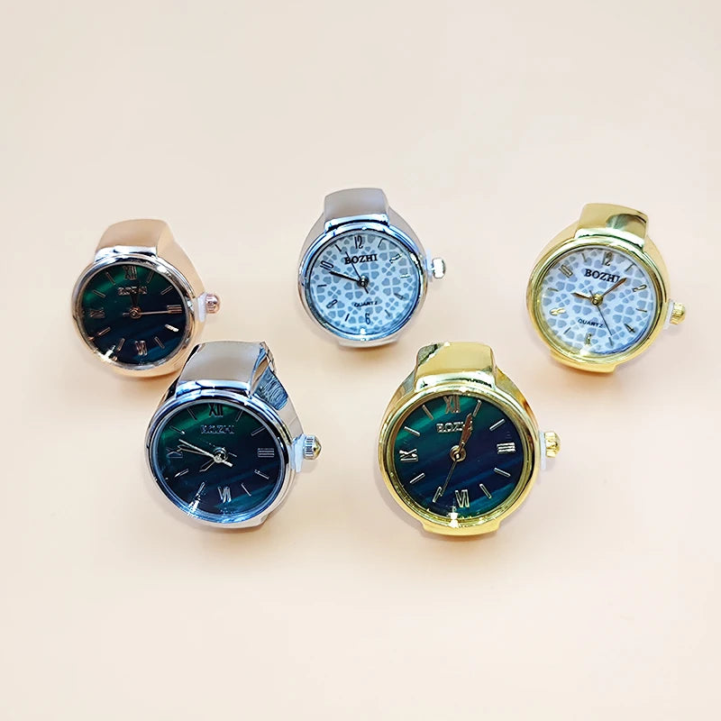 Unisex Metal Vintage Round Finger Watch Glass Mirror Quartz Elastic Band Charm Rings/Colors-Gold/Green/Silver