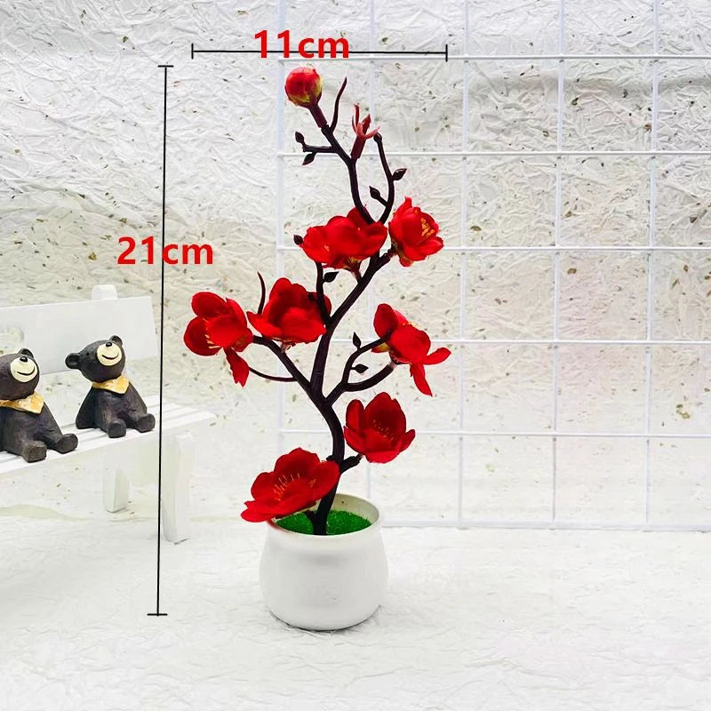 Small Plastic Artificial Realistic Red Bonsai Rosales Flowering Plum Blossom Potted Plants