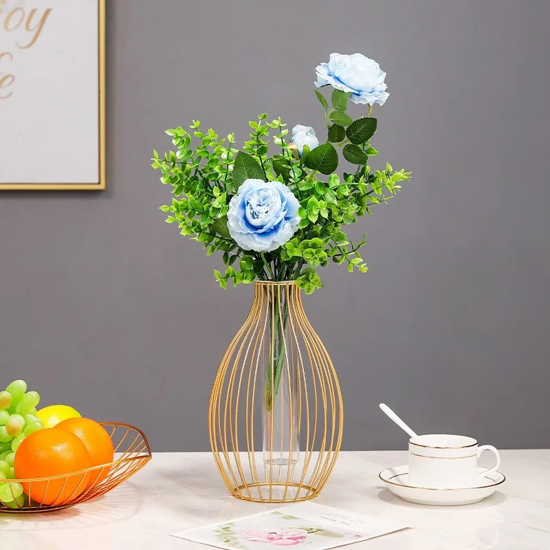 Nordic Glass Vase Inside Geometric Line Iron Metal Frame Vase/Colors-Black/Gold