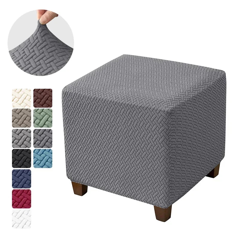 Solid Color Velvet-Spandex Jacquard Square Ottoman Elastic Stretch Footrest Slipcovers/Colors-Gray/White/Beige/Black/Blue/Green