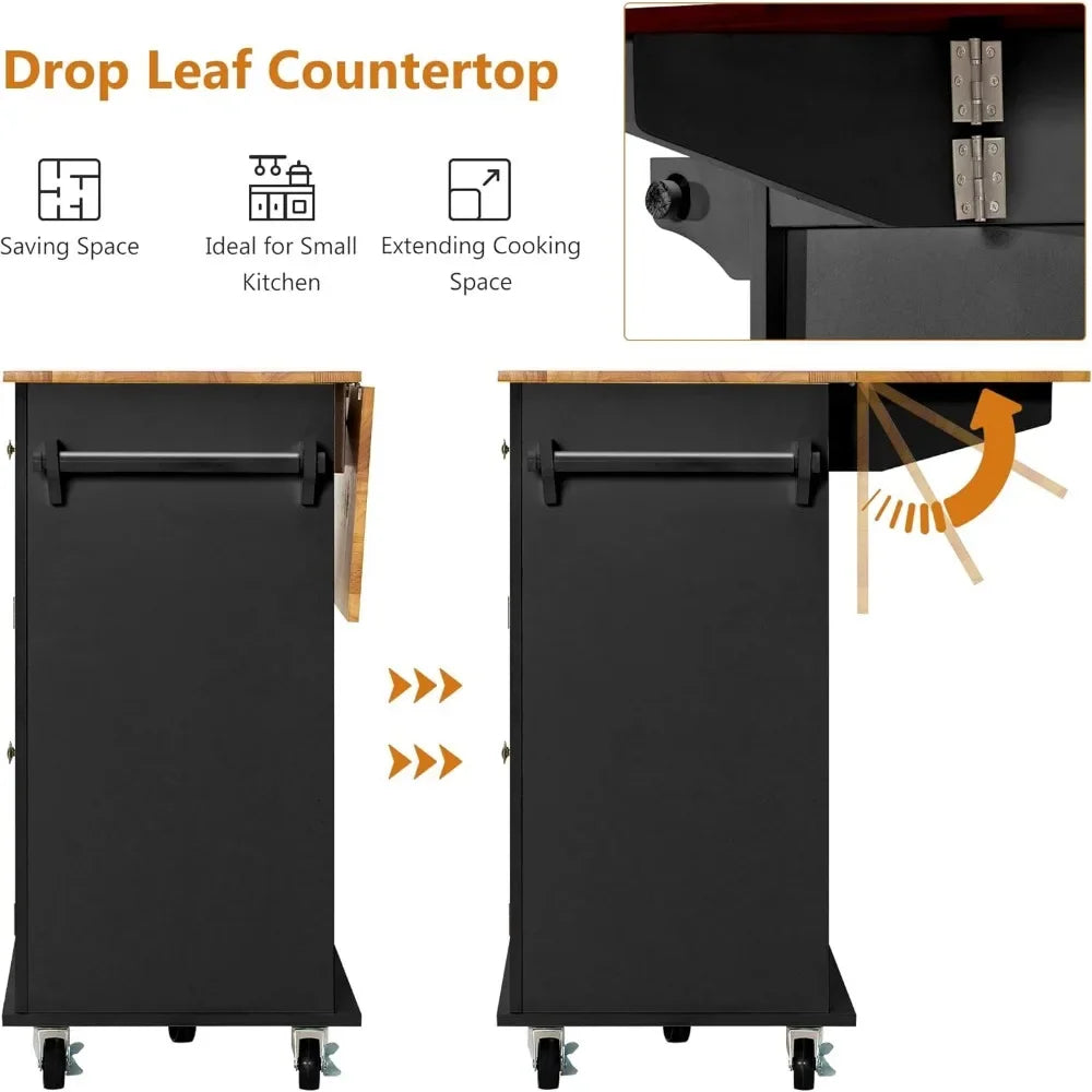 White/Black Wood Top Kitchen Island /Drop Leaf Breakfast Bar