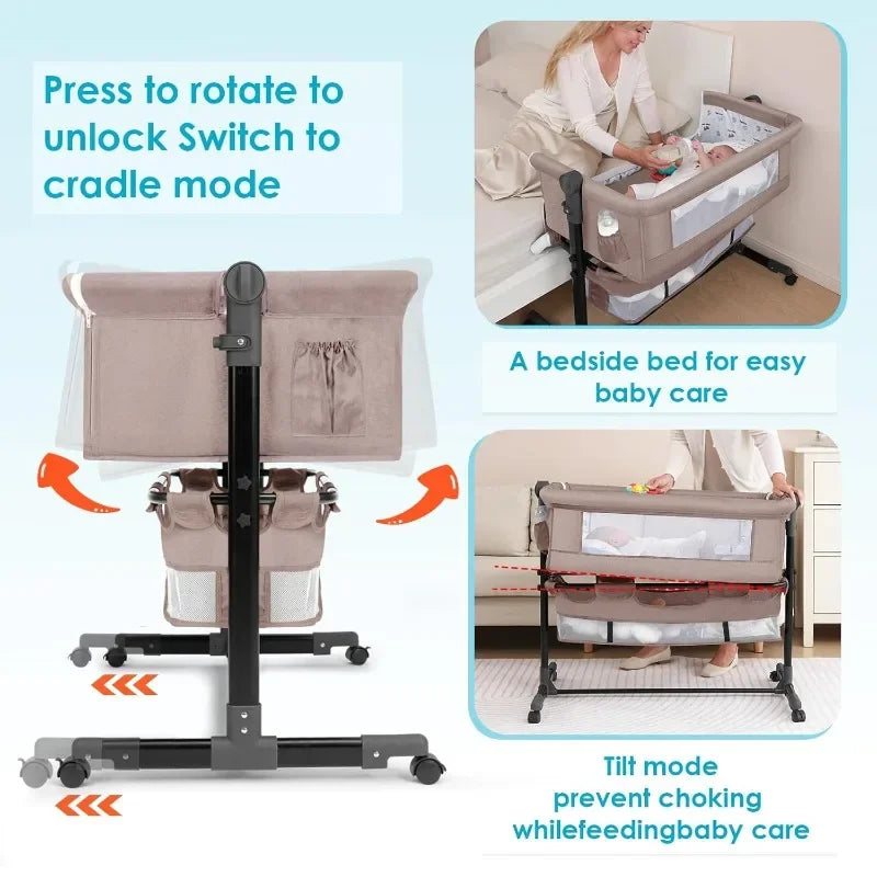 LIUSHADUOLA Beige-Gray 3-In-1 Functional Adjustable Height-Angle Portable Newborn Babies-18 Months Mosquito-Fabric Mesh Net Iron Aluminum Frame Bedside Bassinet Cribs/ Storage Below/ Locking Wheels/Colors-Beige/Gray /Khaki