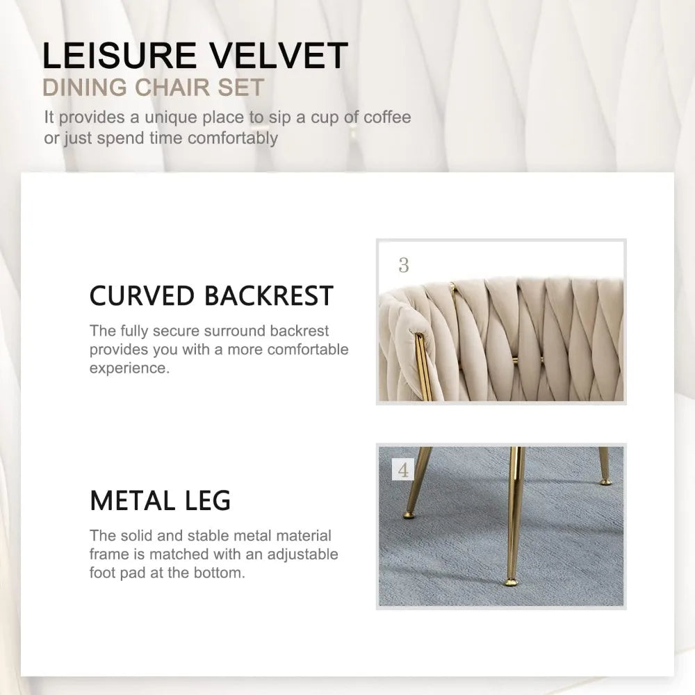 4 pcs Velvet Curved Backrest Woven Upholstered Padded Cushion Tufted Dining Chair Set w/ 4 Gold Metal Legs/Colors-Beige/Gold/Gray/Yellow/Black