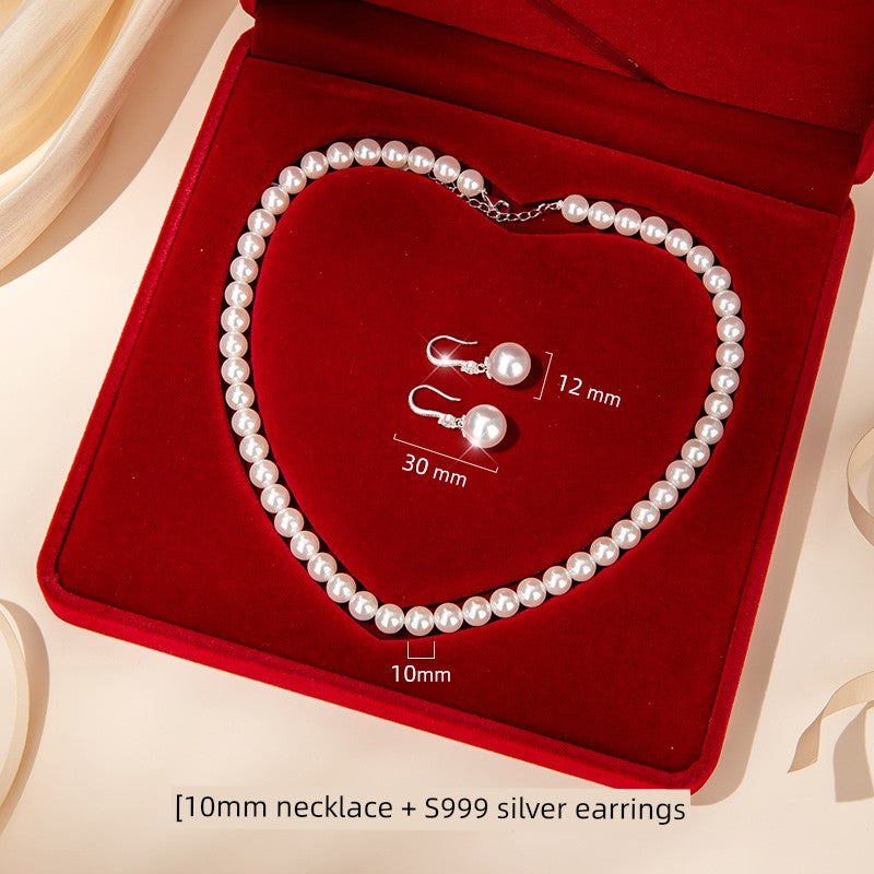 Adult Women Sterling Silver White Pearl Necklace-2 Hanging White Pearl Earrings Fine Imitation Jewelry Sets/Colors-White/Silver