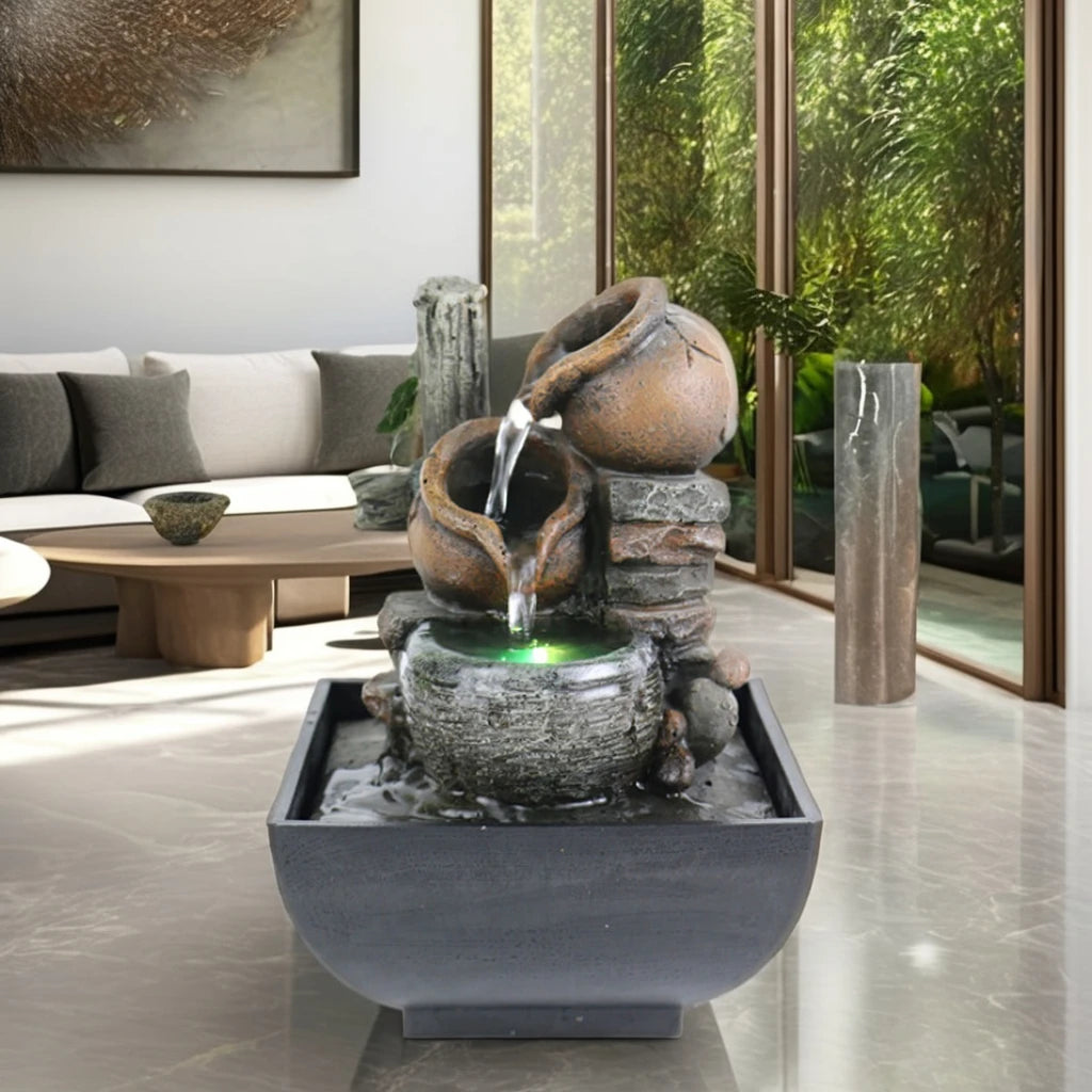 3 Tiered Indoor Tabletop Fountain Waterfall, Relaxation Zen Meditation Desktop Fountain With LED Light for Home Decoration
