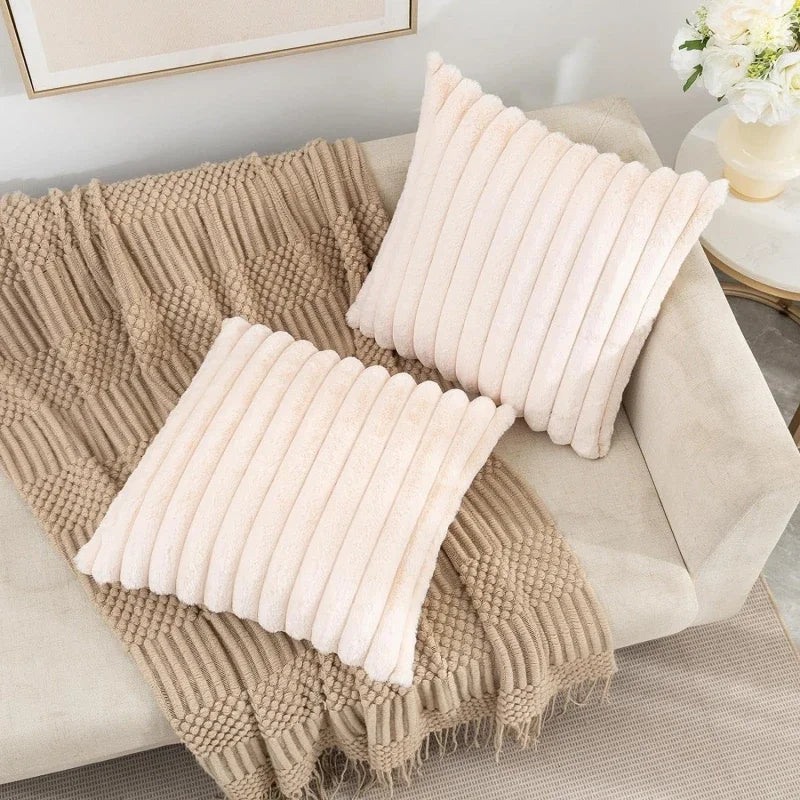 Embroidered Square Big Thick Striped Super Soft Cotton Solid Color Faux Rabbit Fur Sofa COVERS/Colors-Pink/White/Green/Apricot