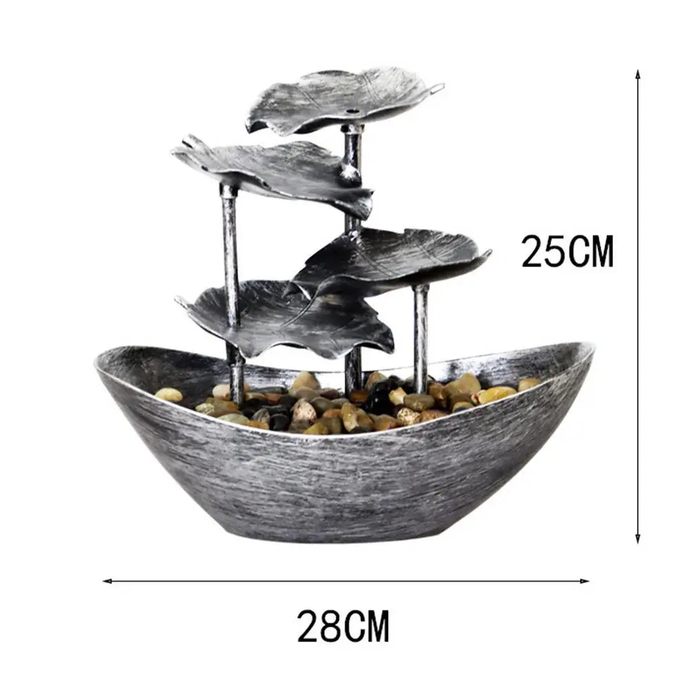 Modern Small LED Lights Metal Flowing 4-Tiers Realistic Lotus Leaf Ultra-Deep Boat Shape Open Basin Pebble Circulating Soothing Desktop Fountains/USB Power Cord/Colors-Bronze/Gold/Silver/Brown