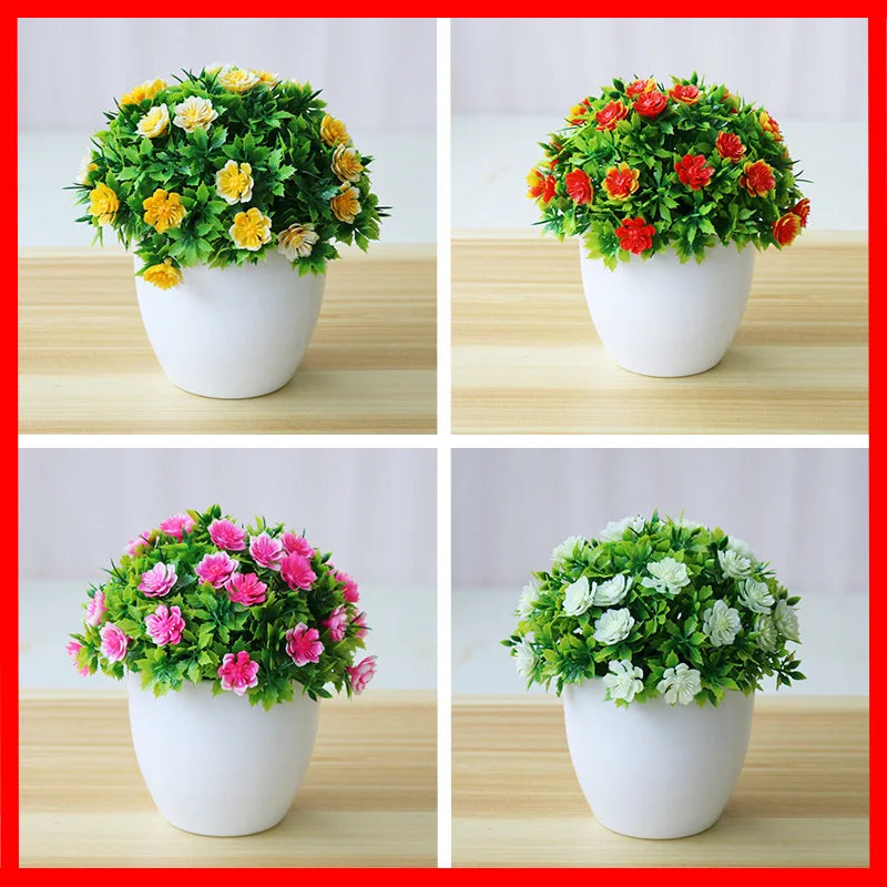 Plastic Artificial Flowering Five Leaf Plum Mini Potted Plants/Colors-Floral/Purple/Yellow/Red/White