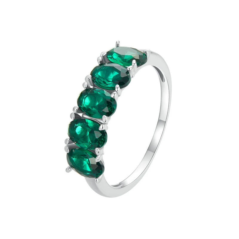 BAMOER 925 Sterling Silver Luxury Green Zircon Ring Stacked Oval Stone Finger Ring for Women Party Exquisite Fine Jewelry Gift
