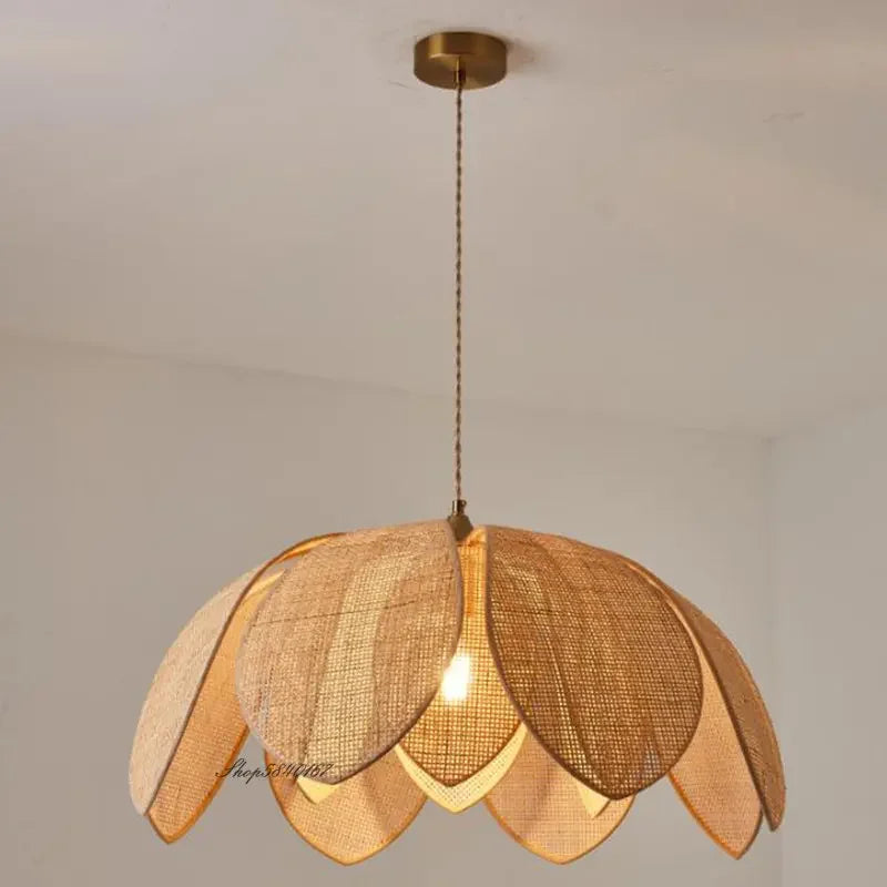 Beige Handmade Gloss Hanging Chinese Natural Rattan Lotus Petal Cord Pendant Ceiling Lights Fixtures/Bulb Not Included-E27 Bulb Cap Type
