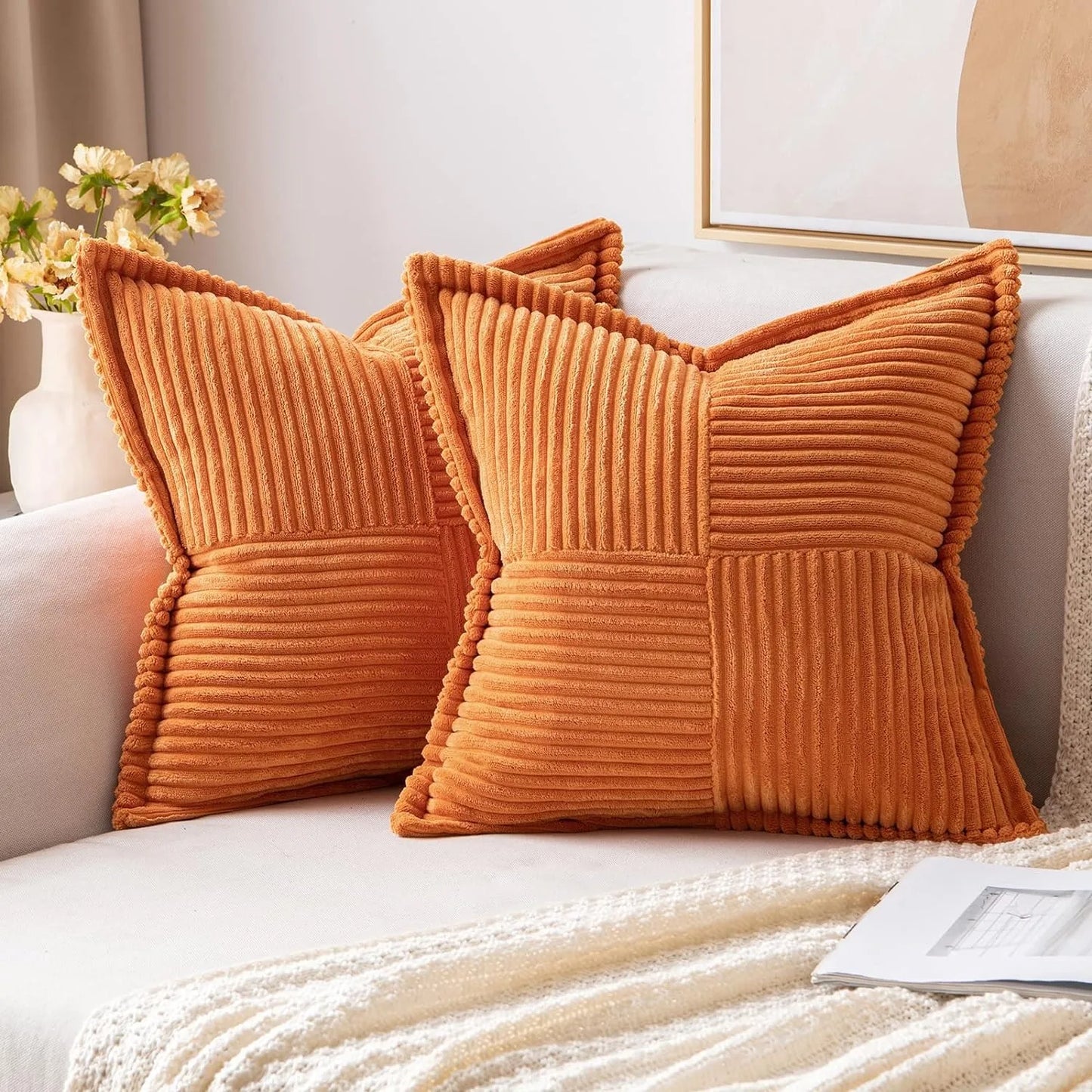 Polyester Corduroy Striped Throw Pillows COVERS/ Concealed Zipper/Colors-Beige/Green/Cream White/ Light Brown/Orange/Dark Green/ Pink/ Red/Black/Gray/Blue Green