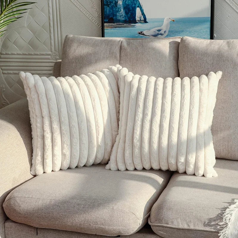 Embroidered Square Big Thick Striped Super Soft Cotton Solid Color Faux Rabbit Fur Sofa COVERS/Colors-Pink/White/Green/Apricot