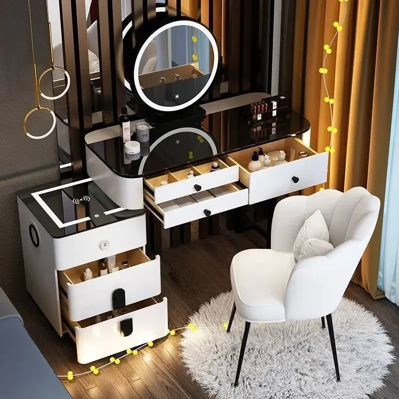 Modern Style White Adjustable LED Smart Touch-Controlled Lighted Round Mirror Black Tempered Glass Countertop Solid Pine Wood Draws Make-Up Vanities /2 USB Wireless Ports /Bluetooth Speakers/Colors-Black/Gray/White