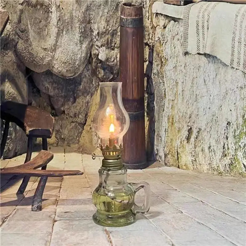 Indoor Desktop Windproof Mini Glass-Metal Kerosene Oil Lamps/Glass Lampshade/Removable Wick /Color-Transparent/Green