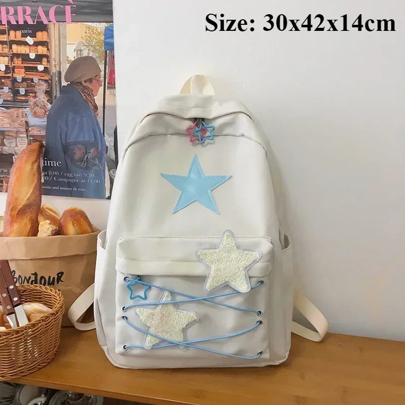 Women Waterproof Lightweight White Nylon Fabric Blue Star Korean Kawaii Design Metal Zipper Multi-Pockets Polyester Lining Two Shoulder Straps-Handles School Backpacks/14 Inch Built-In Laptop Pocket/Colors-Geometric/Beige/Pink/Green/White