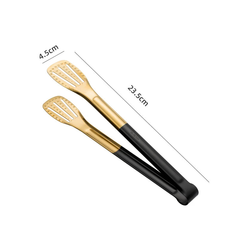 Kitchen Durable Stainless Steel BBQ Cooking Tongs/Colors-Gold/Black/Silver