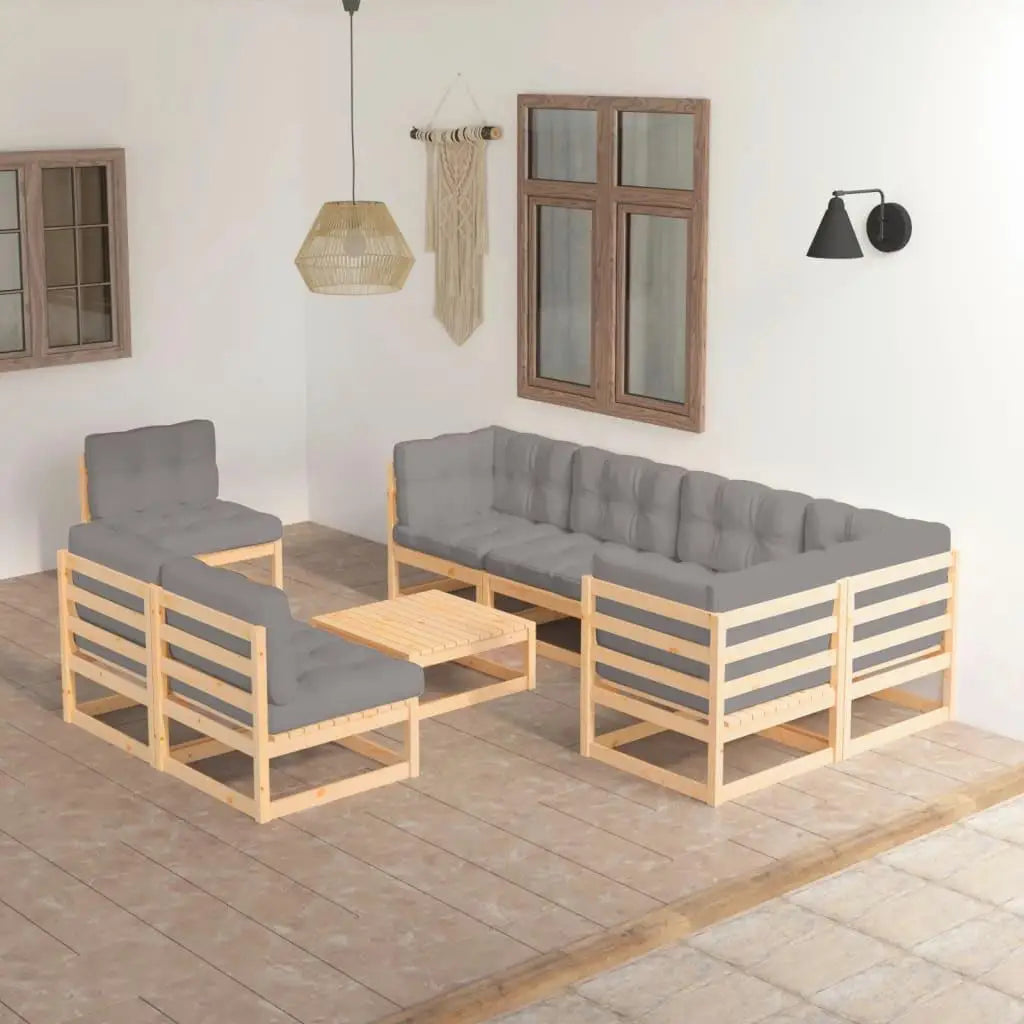 Stylish Outdoor 9-Piece Solid Pine Wood Patio Lounge Set / 100 % Polyester Cushions/Colors- Gray/Brown/